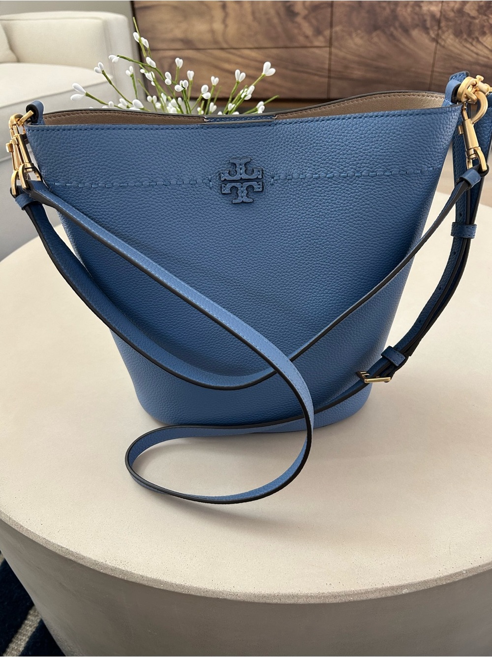 Tory Burch McGraw Blue Pebbled Leather Bucket Bag